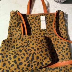 ANTHROPOLOGIE canvas Leopard Print Tote & Pouch Set. NWT handbag purse fall!